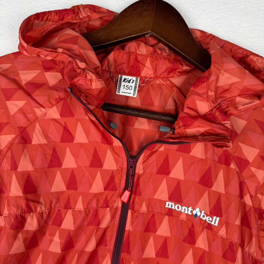Montbell‎ Wind Blast Print Hooded Jacket Kids 150 Red Geometric Full Zip 1103274